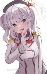 Rule 34 | 1girl, :d, blue eyes, blush, breasts, epaulettes, gloves, grey hair, highres, jacket, kantai collection, kashima (kancolle), large breasts, long sleeves, looking at viewer, military jacket, neckerchief, one-hour drawing challenge, open mouth, red neckerchief, shirasumato, sidelocks, simple background, smile, solo, twintails, twitter username, wavy hair, white background, white gloves, white jacket