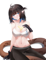 Rule 34 | 1girl, absurdres, ahoge, arknights, arm strap, bare arms, bare shoulders, beijiushui, between breasts, black gloves, black hair, black pants, blue eyes, blue hair, blue shorts, breasts, camisole, cheese, cleavage, collarbone, commentary, cowboy shot, crop top, eunectes (arknights), eunectes (forgemaster) (arknights), food, gloves, hand on own chest, highres, large breasts, long hair, looking at viewer, midriff, navel, official alternate costume, one side up, pants, pointy ears, shorts, simple background, sitting, snake tail, solo, spaghetti strap, stomach, symbol-only commentary, tail, white background