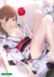 Rule 34 | 1girl, :p, absurdres, ama mitsuki, backlighting, bare legs, bare shoulders, bloom, blush, breasts, breasts apart, brown hair, candy apple, collarbone, couch, eyelashes, fingernails, floral print, food, geta, hand up, highres, holding, holding food, japanese clothes, kimono, knees up, light particles, long fingernails, looking at viewer, medium breasts, medium hair, melonbooks, no bra, no panties, obi, off shoulder, okobo, open clothes, open kimono, original, ponytail, purple eyes, reclining, red sash, sandals, sash, scan, shoe dangle, shoes, sidelocks, solo, swept bangs, thighs, tongue, tongue out, white kimono