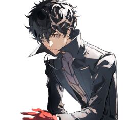 Rule 34 | 1boy, amamiya ren, binxngchng1, black hair, black jacket, gloves, grey eyes, high collar, highres, jacket, long sleeves, male focus, open clothes, open jacket, persona, persona 5, red gloves, short hair, simple background, solo, white background