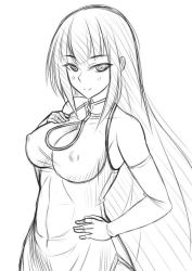 Rule 34 | 1girl, breasts, china dress, chinese clothes, cleavage, cleavage cutout, clothing cutout, covered erect nipples, dress, elbow gloves, gloves, greyscale, kurosaka miori, long hair, looking at viewer, meian, monochrome, myouan, original, simple background, smile, solo, white background