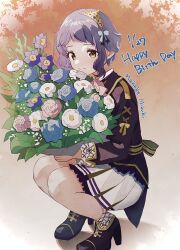 Rule 34 | 1girl, birthday, black footwear, black jacket, black trim, blue flower, blue ribbon, blue rose, bouquet, character name, closed mouth, collared jacket, commentary, dated, dot nose, english text, eyelashes, floral print, floral print sleeves, flower, frilled jacket, frilled skirt, frills, full body, hair flower, hair ornament, happy birthday, high heels, highres, holding, holding bouquet, idol, idol clothes, idolmaster, idolmaster million live!, jacket, knees, knees together feet apart, leaf, light smile, long sleeves, looking at viewer, looking to the side, makabe mizuki, orange background, pink flower, pink rose, purple flower, purple hair, ribbon, rose, shadow, shoes, short bangs, short hair, sidelocks, siena407, skirt, sleeve cuffs, solo, split mouth, squatting, tiara, wavy hair, white flower, white skirt, yellow eyes, yellow ribbon, yellow trim