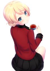 Rule 34 | 10s, 1girl, :o, absurdres, black skirt, black tea, blonde hair, blue eyes, blush, braid, cup, darjeeling (girls und panzer), from behind, girls und panzer, hand up, highres, hio (hiohio0306), holding, holding cup, jacket, legs together, looking at viewer, looking back, md5 mismatch, military, military jacket, military uniform, parted lips, pinky out, pleated skirt, resolution mismatch, simple background, sitting, skirt, solo, source smaller, swept bangs, tea, teacup, thighs, uniform, white background