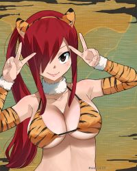 Rule 34 | 1girl, animal ears, animal print, bikini, bikini top only, blush, breasts, brown eyes, cleavage, double v, erza scarlet, fairy tail, gaston18, highres, large breasts, looking at viewer, ponytail, red hair, smile, swimsuit, tiger ears, tiger print, tiger stripes, v