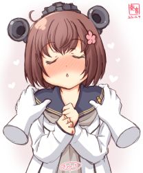 Rule 34 | 1girl, anchor symbol, artist logo, black sailor collar, blush, brown hair, cherry blossoms, closed eyes, commentary request, dated, disembodied hand, dress, facing viewer, flower, gradient background, grey neckwear, hair flower, hair ornament, headgear, headset, heart, highres, incoming kiss, kanon (kurogane knights), kantai collection, revision, sailor collar, sailor dress, short hair, solo, speaking tube headset, upper body, yukikaze (kancolle)