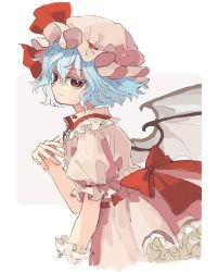 Rule 34 | 1girl, bat wings, blue hair, bow, closed mouth, commentary request, dress, from side, hand up, hat, hat ribbon, ka (marukogedago), mob cap, pink dress, pink hat, red bow, red eyes, red ribbon, remilia scarlet, ribbon, short hair, short sleeves, solo, touhou, upper body, white background, wings, wrist cuffs