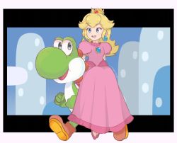 Rule 34 | 1girl, :o, artist name, big nose, black border, blonde hair, blue eyes, border, breasts, brooch, brown footwear, chocomiru, clenched hands, crown, dinosaur, dress, earrings, elbow gloves, eyelashes, full body, gloves, jewelry, long hair, looking to the side, mario (series), nintendo, no socks, nose, open mouth, orange footwear, pink dress, pink footwear, princess peach, puffy short sleeves, puffy sleeves, riding, shoes, short sleeves, sidesaddle, sitting, small breasts, smile, super mario world, teeth, twitter username, upper teeth only, walking, white border, white gloves, yoshi