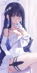 Rule 34 | 1girl, absurdres, black hair, blue archive, blue eyes, blue hair, blue halo, breasts, cleavage, closed mouth, clothes lift, colored inner hair, covered navel, dress, dress lift, feet out of frame, finger to mouth, flower, gloves, gubbi on, hair flower, hair ornament, halo, highres, large breasts, lifted by self, long hair, multicolored hair, official alternate costume, saori (blue archive), saori (dress) (blue archive), seductive smile, shushing, smile, solo, teasing, thighhighs, white dress, white flower, white gloves, white thighhighs