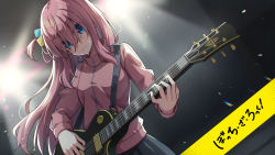 Rule 34 | 1girl, ashisi, backlighting, black skirt, blue eyes, bocchi the rock!, closed mouth, cube hair ornament, electric guitar, gotoh hitori, guitar, hair between eyes, hair ornament, highres, instrument, jacket, long hair, long sleeves, looking at viewer, music, one side up, pink hair, pink jacket, playing instrument, plectrum, skirt, smile, solo, spotlight, track jacket, translation request, upper body, very long hair