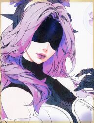 Rule 34 | 1girl, black blindfold, black gloves, blindfold, border, closed mouth, commentary, detached sleeves, flower, gloves, highres, jian tai (cuoyu0), league of legends, lipstick, long hair, looking at viewer, makeup, orange border, purple flower, purple hair, purple lips, signature, simple background, solo, syndra, upper body, white background, withered rose syndra