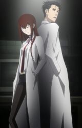 Rule 34 | 1boy, 1girl, absurdres, black hair, breasts, closed eyes, coat, height difference, highres, legs, long hair, makise kurisu, necktie, okabe rintarou, pants, pantyhose, red hair, shorts, small breasts, steins;gate, stitched, thighs, third-party edit, yellow eyes