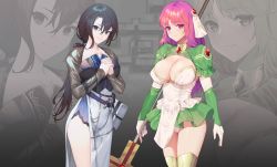 Rule 34 | 2girls, bad id, bad pixiv id, black hair, blue eyes, book, breasts, cleavage, cleavage cutout, clothing cutout, hair ornament, highres, holding, holding staff, large breasts, long hair, looking at viewer, multiple girls, original, own hands clasped, own hands together, pink eyes, pink hair, ponytail, puffy short sleeves, puffy sleeves, short sleeves, smile, staff, standing, wangxiii, zoom layer