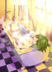 Rule 34 | 1girl, bare shoulders, bathtub, breasts, cleavage, collarbone, curtains, green hair, open mouth, original, partially submerged, short hair, solo, steam, unasaka ryou, water, yellow eyes