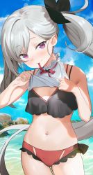 Rule 34 | 1girl, absurdres, bare arms, bare shoulders, bikini, black bikini, blue archive, breasts, clothes lift, cowboy shot, crop top, grey hair, hair ribbon, highres, lifted by self, long hair, looking at viewer, medium breasts, mouth hold, mutsuki (blue archive), navel, outdoors, purple eyes, ribbon, seicoh, shirt, shirt lift, side ponytail, sleeveless, sleeveless shirt, smile, solo, stomach, swimsuit, very long hair, white shirt