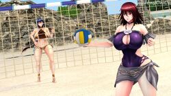 Rule 34 | 2girls, 3d, absurdres, action taimanin, ball, bare legs, beach, beach volleyball, bikini, blue hair, blush, breasts, cleavage cutout, clothing cutout, curvy, day, hair ribbon, high ponytail, highleg, highleg swimsuit, highres, holding, holding ball, huge breasts, lips, long hair, looking at another, mizuki shiranui, multiple girls, official alternate costume, one-piece swimsuit, playing games, playing sports, ribbon, shiny skin, smile, solo, standing, swimsuit, taimanin (series), taimanin yukikaze, thighs, tonyonioh, twitter username, uehara rin, very long hair, volleyball, volleyball (object), wide hips