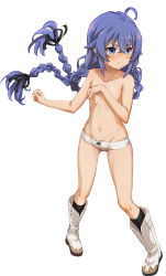 Rule 34 | 1girl, ahoge, black ribbon, black socks, blue hair, blush, boots, boshi (a-ieba), braid, closed mouth, unworn clothes, commentary request, covering privates, covering breasts, female focus, flat chest, frown, full body, groin, hair ribbon, highres, looking to the side, mushoku tensei, navel, panties, ribbon, roxy migurdia, simple background, socks, solo, standing, topless, twin braids, twintails, underwear, underwear only, white background, white footwear, white panties