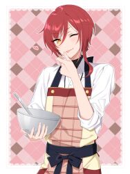 Rule 34 | 1boy, apron, asymmetrical bangs, asymmetrical hair, bow, bowl, buttons, collared shirt, ensemble stars!, hair between eyes, heart, highres, holding, holding bowl, li (rkce2433), multicolored hair, one eye closed, red bow, ribbon, sakasaki natsume, shirt, short hair, simple background, sleeves rolled up, solo, streaked hair, tongue, tongue out, upper body, white hair, white shirt, yellow eyes