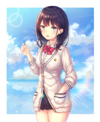 Rule 34 | 10s, 1girl, :o, absurdres, black hair, black skirt, blue eyes, border, bow, bowtie, cardigan, cloud, cloudy sky, cowboy shot, dangmyo, day, earphones, gridman universe, hand in pocket, highres, holding, holding earphones, lens flare, long hair, long sleeves, looking at viewer, open mouth, pleated skirt, red bow, red bowtie, reflection, school uniform, shirt, skirt, sky, solo, ssss.gridman, takarada rikka, white border, white cardigan, white shirt