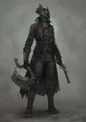 Rule 34 | 1boy, absurdres, adrian4rt, armor, belt, belt buckle, black coat, black eyes, black gloves, black headwear, bloodborne, buckle, chain, coat, covered mouth, dual wielding, gloves, gun, hat over one eye, highres, holding, holding gun, holding weapon, hunter (bloodborne), male focus, pocket watch, shaded face, solo, standing, torn clothes, torn coat, vambraces, watch, weapon