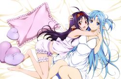Rule 34 | 10s, 2girls, absurdres, ahoge, asuna (sao), asuna (sao-alo), barefoot, bed, blue eyes, blue hair, breasts, bridal garter, cleaned, cleavage, dress, elf, feet, frilled pillow, frills, from above, hair ornament, half updo, highres, hug, long hair, long legs, looking at viewer, lying, medium breasts, multiple girls, nakamura naoto, official art, on back, open mouth, pillow, pointy ears, purple hair, red eyes, smile, sword art online, thighs, white dress, yuuki (sao)