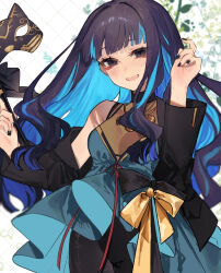 Rule 34 | 1girl, black hair, black jacket, black skirt, blue hair, breasts, colored inner hair, dress, eyeliner, fate/grand order, fate (series), green dress, grey eyes, highres, jacket, jewelry, long hair, long sleeves, looking at viewer, makeup, mask, masquerade mask, multicolored hair, necklace, off shoulder, open clothes, open jacket, open mouth, pencil skirt, sidelocks, skirt, small breasts, smile, solo, tenochtitlan (event portrait) (fate), tenochtitlan (fate), uxco0, wavy hair