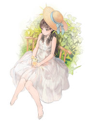 Rule 34 | 1girl, bare legs, barefoot, blue bow, blush, bow, brown eyes, brown hair, chair, closed mouth, collared dress, cup, dress, drink, drinking glass, food, from above, fruit, full body, hat, hat bow, hat ornament, holding, holding cup, holding drinking glass, knees together feet apart, lemon, lemon slice, lemonade, liquid, long hair, looking to the side, original, plant, sime (echo), sitting, sleeveless, sleeveless dress, smile, solo, straw hat, striped clothes, striped dress, vertical-striped clothes, vertical-striped dress, wing collar