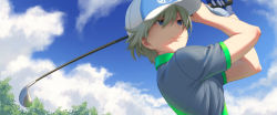 Rule 34 | 1girl, alice gear aegis, blue eyes, closed mouth, cloud, commentary request, eyebrows hidden by hair, gloves, golf club, hat, holding, nikaido tsukasa, pinakes, silver hair, single glove, sky, smile, solo, swinging