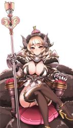 Rule 34 | 1girl, black thighhighs, blonde hair, breasts, cleavage, crossed legs, crown, demon girl, drill hair, garter straps, gauntlets, high heels, highres, horns, large breasts, original, queen, red eyes, sessue, simple background, sitting, solo, thighhighs, white background