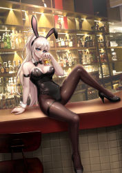 Rule 34 | 1girl, absurdres, alcohol, animal ears, armband, bad id, bad pixiv id, bar (place), bare shoulders, black eyeshadow, black footwear, black leotard, black neckwear, blonde hair, blue eyes, blush, bottle, bow, breasts, brown pantyhose, chair, cleavage, closed mouth, cropped, cup, dungeon and fighter, eyebrows, eyeshadow, fake animal ears, fingernails, floppy ears, high heels, highres, holding, holding cup, indoors, kie (wylee2212), large breasts, leotard, long hair, looking at viewer, makeup, pantyhose, platinum blonde hair, playboy bunny, ponytail, rabbit ears, shiny clothes, sitting, smile, solo, thigh strap