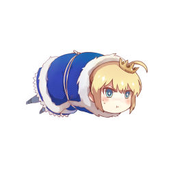 Rule 34 | 1girl, absurdres, ahoge, artoria pendragon (all), artoria pendragon (fate), blonde hair, blue eyes, blush, bound, chibi, commentary request, crown, fate/stay night, fate (series), highres, pout, ravie, saber (fate), simple background, solo, sweatdrop, tied up (nonsexual), white background