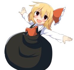 Rule 34 | 1girl, ascot, bad id, bad pixiv id, blonde hair, blush, open mouth, outstretched arms, red eyes, rumia, solo, touhou, twumi, white background