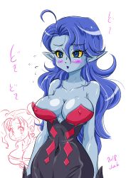 Rule 34 | 2girls, blue eyes, blue hair, blue lips, blue skin, blush, breasts, checkered clothes, checkered dress, colored sclera, colored skin, covered erect nipples, covered navel, dragon quest, dragon quest viii, dress, highres, jessica albert, junker gogo, large breasts, lipstick, long hair, makeup, multiple girls, pointy ears, strapless, strapless dress, witch lady (dq8), yellow sclera