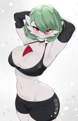 Rule 34 | 1girl, absurdres, armpits, arms behind head, arms up, bike shorts, black gloves, black tank top, blush, breasts, cleavage, closed mouth, colored skin, cowboy shot, creatures (company), crop top, elbow gloves, game freak, gardevoir, gen 3 pokemon, gloves, green hair, highres, large breasts, light smile, looking at viewer, navel, nintendo, pokemon, pokemon (creature), red eyes, short hair, solo, split mouth, standing, tank top, white skin, yoru (yoru vida)
