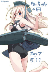 Rule 34 | 10s, 1girl, armpits, black one-piece swimsuit, blonde hair, blue eyes, blue hat, blush, character name, clothes writing, dated, embarrassed, garrison cap, hat, kantai collection, long hair, machinery, one-piece swimsuit, school swimsuit, simple background, sleeveless, solo, suka, swimsuit, swimsuit under clothes, thighs, translated, twitter username, u-511 (kancolle), white background