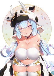 Rule 34 | 1girl, animal ears, animal print, arms behind back, bare shoulders, bikini, blue hair, blush, breasts, catura (granblue fantasy), cleavage, cow ears, cow girl, cow hat, cow horns, cow print, cow tail, detached collar, detached sleeves, draph, ear piercing, granblue fantasy, hato yu-ki, highres, horns, large breasts, leaning forward, long hair, looking at viewer, navel, open mouth, piercing, pink eyes, pointy ears, short shorts, shorts, swimsuit, tail, thighhighs, thighs, white bikini, white shorts, white thighhighs, wide sleeves