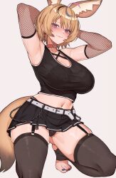 Rule 34 | 1girl, absurdres, ahoge, animal ear fluff, animal ears, armpits, arms behind head, black panties, black shirt, black skirt, black thighhighs, blonde hair, bra visible through clothes, breasts, cleavage, closed mouth, collar, crop top, earrings, extra ears, facial mark, feet, fishnet sleeves, fishnets, fox ears, fox tail, garter straps, highres, hololive, jewelry, large breasts, looking at viewer, midriff, multicolored hair, nail polish, navel, no shoes, omaru polka, panties, purple eyes, red collar, shirt, short hair, simple background, skirt, smile, solo, squatting, stirrup legwear, streaked hair, tail, thighhighs, toeless legwear, toenail polish, toenails, toes, underwear, varniskarnis, virtual youtuber