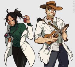 Rule 34 | 1boy, 1girl, alto clef, artist name, beard, black hair, collared shirt, cowboy hat, cowboy shot, facial hair, freckles, green sweater, grin, hat, heterochromia, highres, imsleepyzen, instrument, jack bright, lab coat, music, pen in pocket, playing instrument, scp-500, scp-963, scp foundation, shirt, shirt partially tucked in, smile, sweater, white shirt