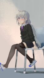 Rule 34 | 1girl, a.k.a.zkin, ahoge, arm at side, assault lily, black cardigan, black skirt, black thighhighs, blue eyes, blue footwear, blush, cardigan, chair, closed mouth, collared shirt, commentary, feet up, from side, full body, grey hair, hair between eyes, highres, indoors, kanabako misora, long hair, looking ahead, low twintails, mary janes, miniskirt, neck ribbon, on chair, pleated skirt, purple ribbon, ribbon, school uniform, shirt, shoe dangle, shoes, sitting, skirt, solo, thighhighs, twintails, two-tone footwear, uwabaki, white footwear, white shirt, yurigaoka girls academy school uniform, zettai ryouiki