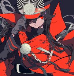 Rule 34 | 1st-mn, belt, black gloves, black hair, cape, fate (series), gloves, hair over one eye, hat, highres, koha-ace, long hair, looking at viewer, mochizuki kei, oda nobunaga (fate), oda nobunaga (koha-ace), red eyes, smile, solo