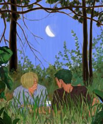 Rule 34 | 2boys, blonde hair, crescent moon, cup, drinking glass, closed eyes, facial hair, feleven, forest, green hair, highres, looking at another, lying, moon, multiple boys, nature, on back, on stomach, one piece, roronoa zoro, sanji (one piece), short hair, smile, tree