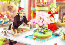 Rule 34 | 1girl, 3boys, :d, :o, bear, black hair, blue eyes, bowl, bridge, cherry blossoms, cutting board, frying pan, green hair, cube hair ornament, hair ornament, hakusai (tiahszld), hand on own face, highres, icing, jar, multiple boys, open mouth, original, pink hair, purple eyes, rolling pin, silver hair, smile, sweatdrop, tree, twintails, water, whisk