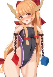 Rule 34 | 1girl, black one-piece swimsuit, blush, bow, brown horns, chain, commentary request, covered navel, cowboy shot, cube, flat chest, fujiko (emnprmn), groin, hair bow, highres, horns, ibuki suika, long hair, looking at viewer, low-tied long hair, one-piece swimsuit, open mouth, orange eyes, orange hair, pyramid (structure), red bow, sidelocks, simple background, smile, solo, swimsuit, touhou, very long hair, white background