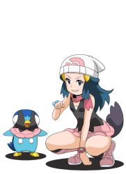 Rule 34 | 1girl, bare legs, blue eyes, blue hair, blush, breasts, cosplay, creatures (company), dawn (pokemon), dawn (pokemon) (cosplay), disguised zorua, game freak, gen 4 pokemon, gen 5 pokemon, hair ornament, hairclip, hat, hirotaka (hrtk990203), imposter, looking at viewer, naughty face, nintendo, piplup, pokemon, pokemon: zoroark: master of illusions, pokemon (anime), pokemon dppt (anime), red scarf, scarf, simple background, skirt, small breasts, squatting, standing, tail, transformation, zorua