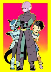 Rule 34 | 10s, 3boys, black eyes, black hair, cabba, crossed arms, dragon ball, dragon ball super, frost (dragon ball), hit (dragon ball), katori (katokichi), looking away, male focus, multiple boys, pink background, red eyes, serious, short hair, simple background, smile, tail, yellow background