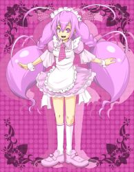 Rule 34 | 10s, 1girl, alternate costume, apron, cure happy, hair ornament, hoshizora miyuki, jewelry, kasetsu, long hair, magical girl, maid, maid apron, maid headdress, necktie, pink background, pink eyes, pink hair, pink necktie, pink skirt, pink theme, precure, puffy sleeves, ribbon, shoes, skirt, smile precure!, socks, solo, twintails, wrist cuffs