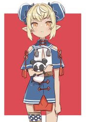 Rule 34 | 1girl, :&lt;, aged down, ahoge, blonde hair, blue dress, bun cover, china dress, chinese clothes, closed mouth, clothing cutout, commentary, cowboy shot, dark-skinned female, dark skin, double bun, dress, expressionless, hair bun, hololive, kintsuba (shiranui flare), looking at viewer, orange eyes, pelvic curtain, pointy ears, red background, shiranui flare, short hair, short sleeves, shoulder cutout, simple background, single thighhigh, solo, sweatdrop, tassel, thighhighs, virtual youtuber, yoshida on