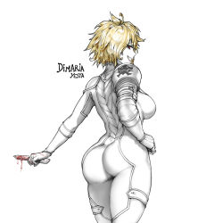Rule 34 | 1girl, armor, artist name, ass, back, blonde hair, blood, bloody weapon, bodysuit, breasts, character name, cowboy shot, dimaria yesta, dripping, eyelashes, fairy tail, from behind, gloves, grin, hand on own hip, highres, holding, holding knife, holding weapon, knife, looking at viewer, looking back, medium breasts, pale skin, pauldrons, profile, red eyes, revision, short hair, shoulder armor, simple background, skin tight, smile, solo, strap gap, the golden smurf, thighs, weapon, white background, white bodysuit, white gloves