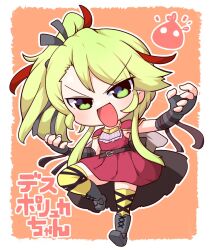 Rule 34 | 1girl, blush, boots, capelet, chibi, creature, deathpolca, demons roots, dress, fingerless gloves, full body, gloves, green eyes, green hair, kado (hametunoasioto), long hair, looking at viewer, open mouth, red dress, side ponytail, smile, solo, striped clothes, striped thighhighs, thighhighs, zettai ryouiki