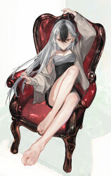 Rule 34 | 1girl, absurdres, arm up, armchair, bare legs, barefoot, black choker, black dress, black hair, black nails, blue archive, breasts, chair, choker, dress, ear piercing, feet, full body, grey hair, highres, horns, jacket, kayoko (blue archive), kayoko (dress) (blue archive), legs, long hair, medium breasts, multicolored hair, nail polish, no halo, official alternate costume, oneniiiceday, open clothes, open jacket, piercing, red eyes, short dress, simple background, sitting, solo, streaked hair, toenails, toes, very long hair