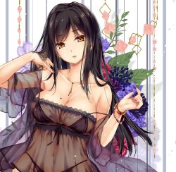 Rule 34 | 1girl, bangle, bare shoulders, black bra, black hair, black panties, bra, bracelet, breasts, brown eyes, cleavage, collarbone, commentary request, floral background, flower, front-tie top, head tilt, jewelry, lace, large breasts, long hair, looking at viewer, mole, mole on breast, monety, nail polish, navel, necklace, original, panties, parted lips, pink nails, see-through, short sleeves, solo, strap pull, strap slip, underwear, upper body, wide sleeves